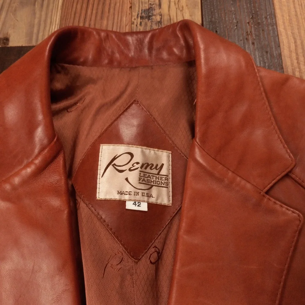 Remy Leather Fashions Mens Cognac Brown Leather Blazer Jacket Made USA Size 42